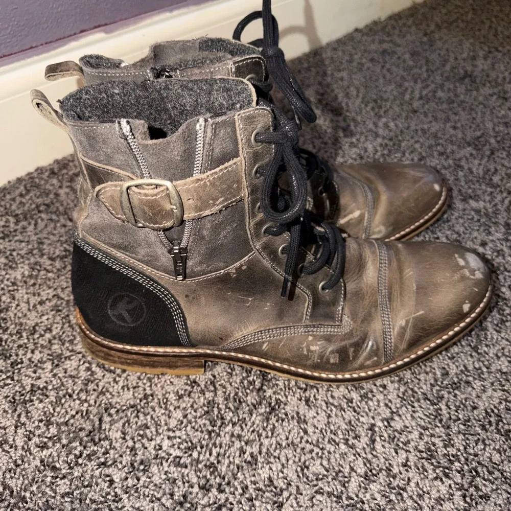 Hand Crafted Italian Leather Combat Boots Distressed Grey Blk/Bro EU 45 Mens 12